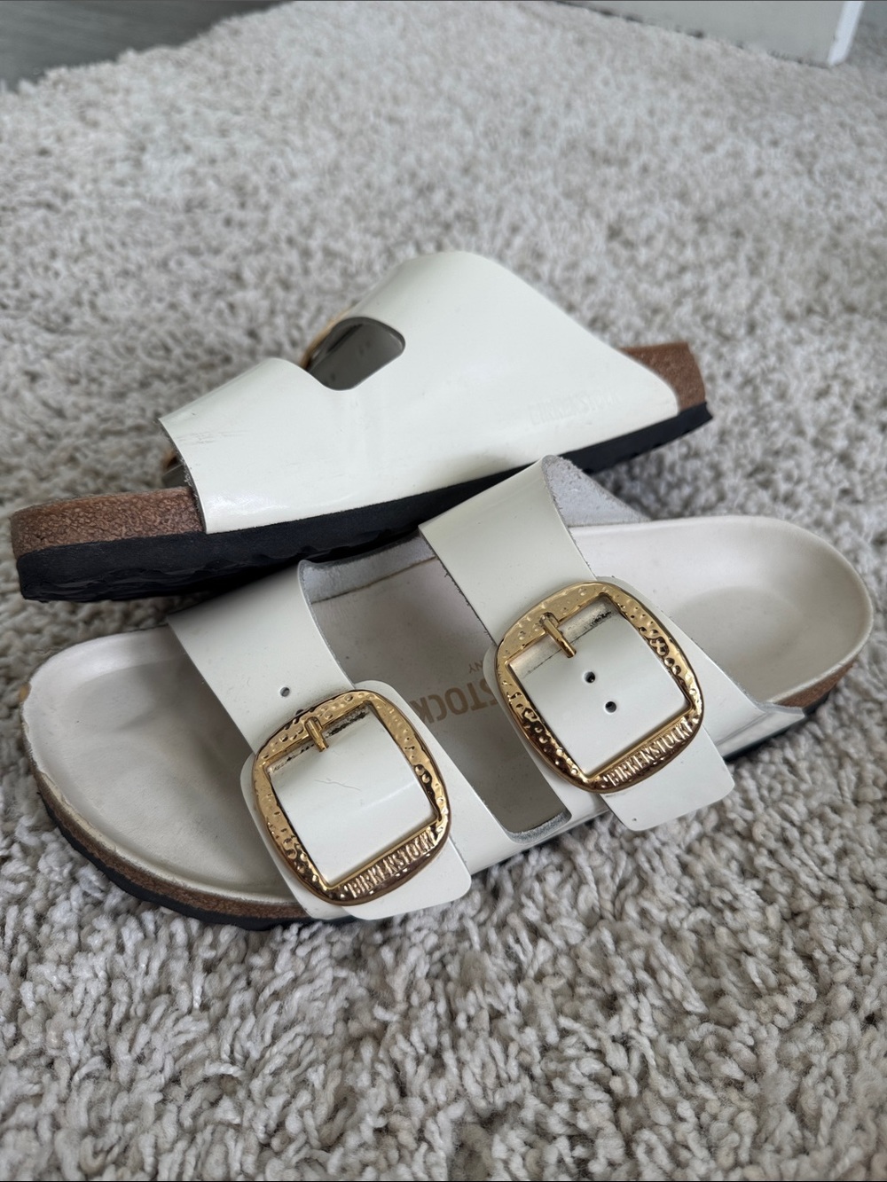 Birkenstock White Double-Buckle Slide Sandals with Gold Buckles